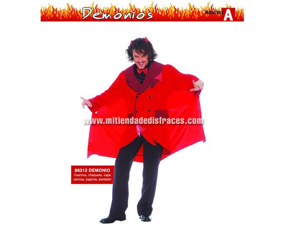 Disfraz de Diablo o Demonio Adulto. Talla única 54/56. Incluye cuernos, chaqueta, camisa, pantalón, pajarita y capa.