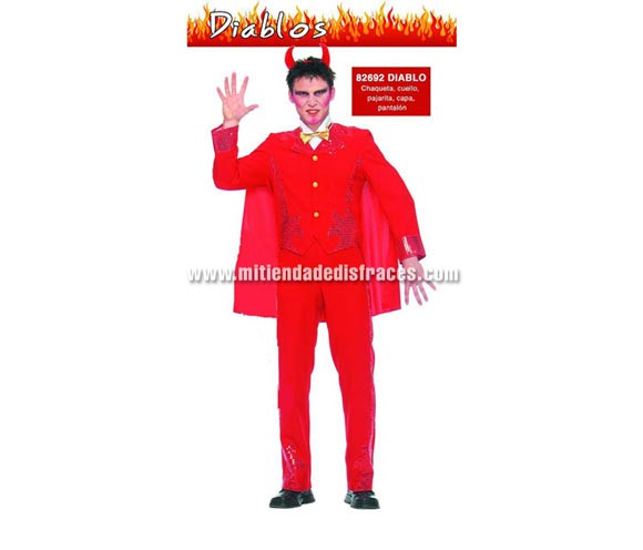 Disfraz de Diablo o Demonio adulto. Talla única 54/56. Incluye chaqueta, cuello, pajarita, capa y pantalón. Cuernos NO incluidos, podrás verlos en la sección de Complementos para Halloween.