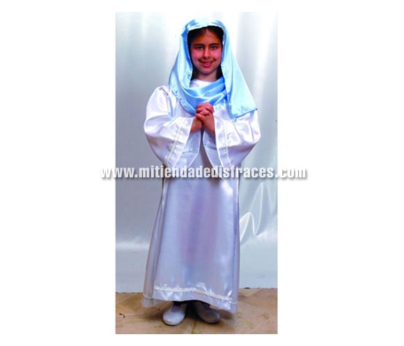 Disfraz de Virgen Económico talla de 2 a 4 años. Incluye traje y pañuelo cabeza. Los colores de las prendas están cambiados en la foto, el velo es blanco y la túnica azul celeste. Ideal para Navidad en belenes y colegios.