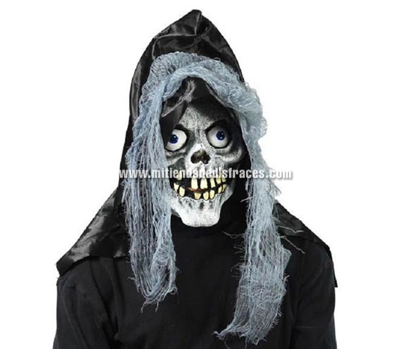 Máscara de calavera ojos azules con capucha.