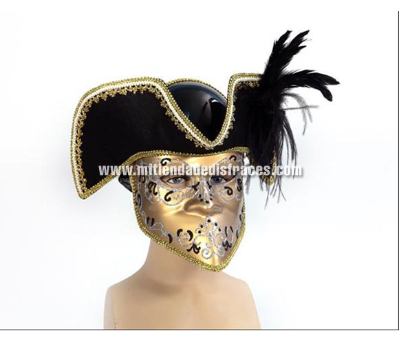 Máscara Veneciana con sombrero y pluma.