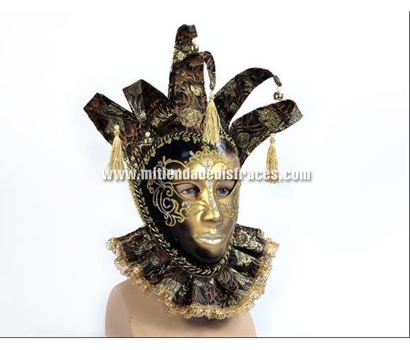 Máscara Veneciana de Arlequín dorada con cuello.