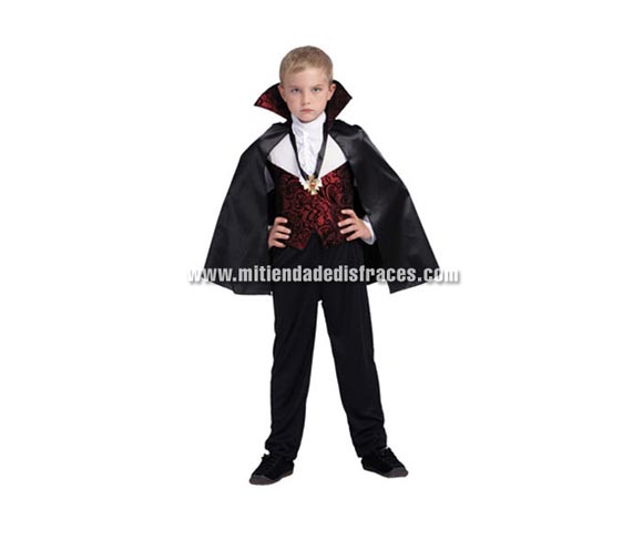 Disfraz de Drácula Económico talla de 7 a 9 años. Incluye capa con cuello, camisa con chaleco, pantalón y medallón.