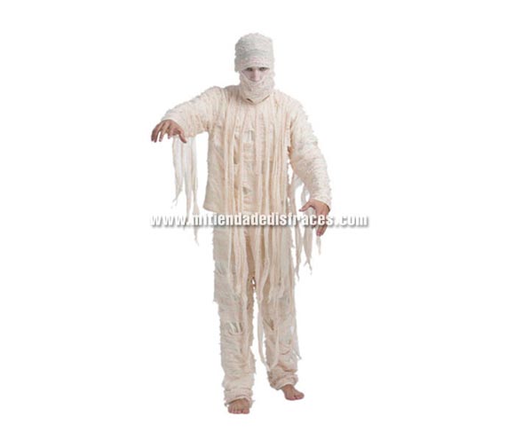 Disfraz de Momia Adulto Económico. Talla única 52/54. Incluye camisa, pantalón y máscara. Como no hay disfraz de Momia en tallas de mujer, podéis comprar éste disfraz y arreglarlo si no os queda bien.