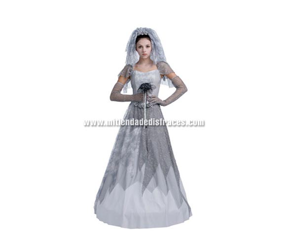Disfraz de Novia Cadáver Adulta Económico. Talla única 40/44. Incluye vestido, tiara con velo y guantes. Ramo NO incluido.