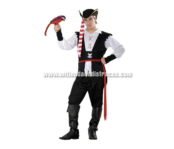 Disfraz de Pirata Antillano adulto. Talla única 52/54. Incluye sombrero, camisa, chaleco, 2 cinturones, pantalón y cubrebotas. Loro NO incluido.