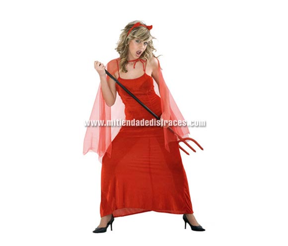 Disfraz de Diablesa Adulta Económico. Talla única 40/44. Incluye vestido, capa y cuernos. Tridente NO incluido. Disfraz de Demonia para mujer.