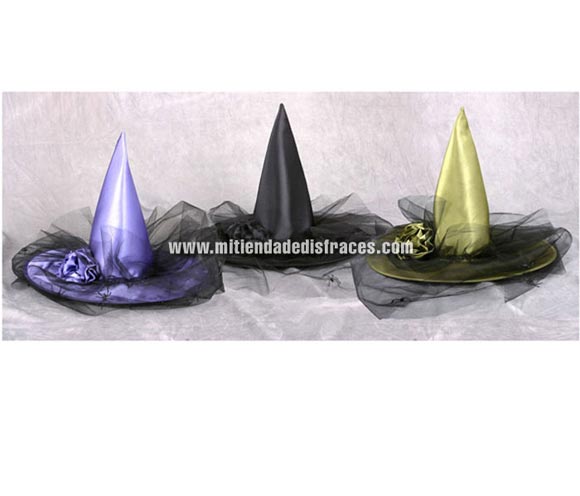 Sombrero Bruja Satinado Lujo. 3 colores surtidos. Talla única.