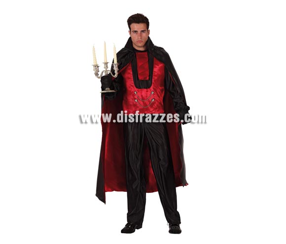 Disfraz de Vampiro Príncipe de las Tinieblas adulto económico. Talla XL = 54/58. Incluye pantalón, camisa, cuello y capa. Candelabro NO incluido. Disfraz de Drácula adulto.