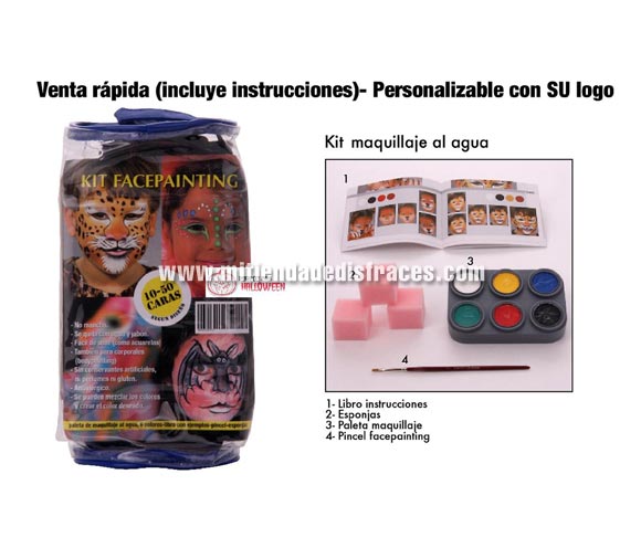 Kit Facepainting. Kit de maquillaje al agua de alta calidad. Incluye paleta de maquillaje al agua, 6 colores, cartón con ejemplos, pincel y esponjas. Con éste Kit podrás hacer entre 10 y 50 caras (según diseño).
No mancha - Se quita con agua y jabón - Fácil de usar (como acuarelas) - También para corporales (Body Painting) - Sin conservantes artificiales, ni perfumes, ni Gluten - Antialérgico - Se pueden mezclar los colores y crear el color deseado - Especialmente indicado para maquillar a niños.
