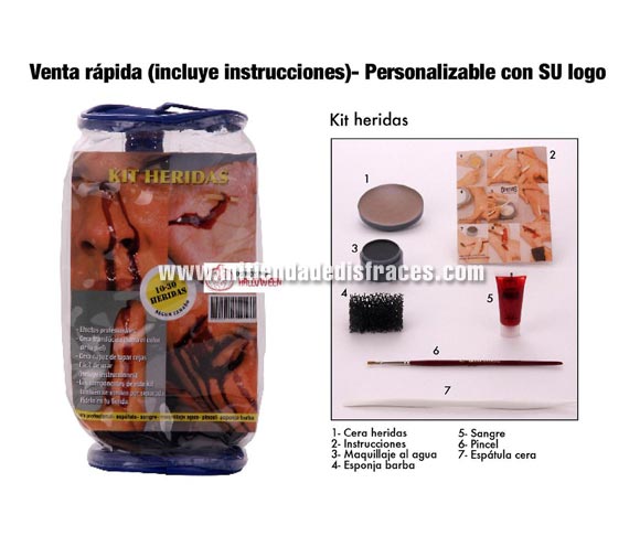 Kit de Maquillaje para hacer heridas . Incluye cera profesional, espátula, sangre, maquillaje agua, pincel y esponja barba. Especial para Halloween. Con el kit podrás hacer de 10 a 30 heridas.(según tamaño). Efectos profesionales, Cera translúcida (toma el color de la piel), Cera capaz de tapar cejas, fácil de usar (incluye instrucciones). Los componentes de este kit también se venden por separado.
