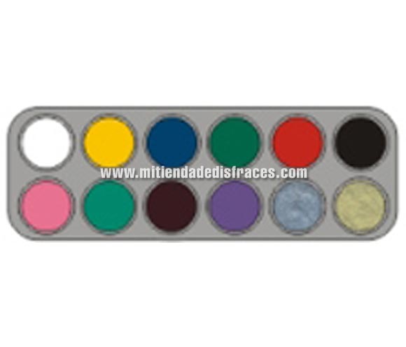Maquillaje al agua (water make-up). Paleta de 12 colores 2,5 ml; (blanco, amarillo, azul, verde, rojo, negro, rosa, turquesa, marrón, morado, plata perla y oro perla).
-Fácil de usar, (como acuarelas).
-Se quita con agua y jabón.
-Antialérgico.
