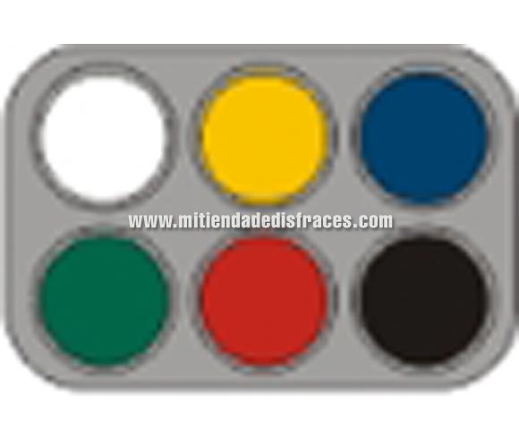 Maquillaje al agua (water make-up). Paleta de 6 colores de 2,5 ml.; (blanco, amarillo, azul, verde, rojo y negro).
-Fácil de usar, (como acuarelas).
-Se quita con agua y jabón.
-Antialérgico.
