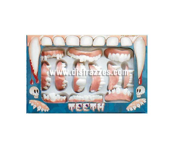 Caja completa de dentaduras. Contiene 12 modelos surtidos en cada caja.