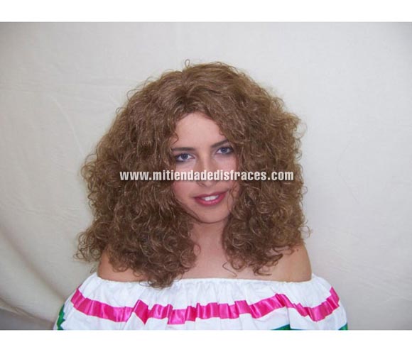 Peluca melena rizada castaña. Muy buena calidad. Fabricada en España. Talla universal.