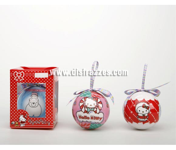 Bola navidad 75 mm. con lazo Hello Kitty. Precio por unidad, 3 modelos surtidos, se venden por separado. Ideal para decorar al árbol de Navidad. ¡¡Compra la decoración de Navidad en nuestra tienda de disfraces, será divertido!!