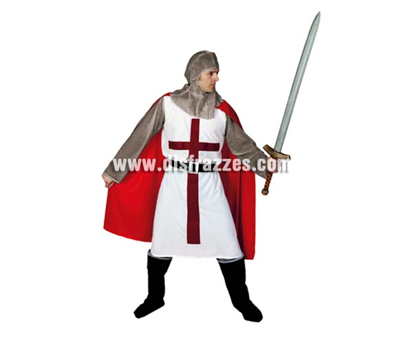 Disfraz de Caballero Templario Medieval para adulto. Talla XL = 54/58. Incluye verdugo, casaca, cinturón y pantalones-botas de tela. Espada NO incluida, podrás verla en la sección de Complementos. Traje de Guerrero Medieval de excelente relación calidad-precio.
