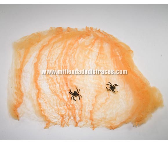 Tela de Araña de 60 gr. con 2 arañas. De color verde. Telaraña 60 gr. La foto es de color naranja, pero la que tenemos es verde.