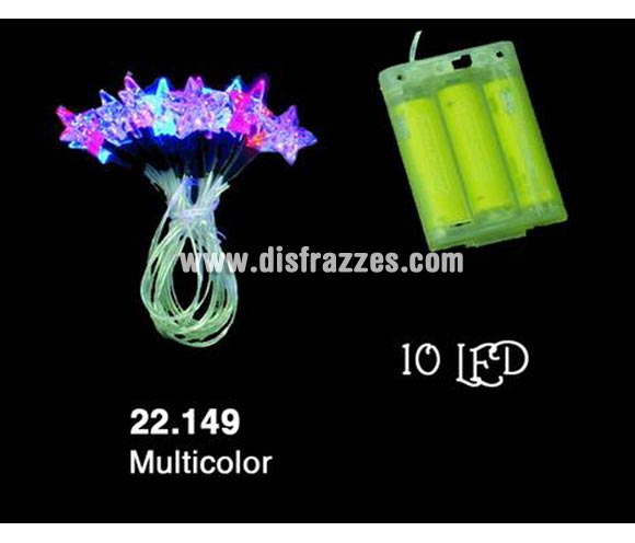Guirnalda 10 Estrellas LED multicolor para interior. Funciona con pilas, marca CE. Ideal para decorar el árbol de Navidad o cualquier espacio. ¡¡Compra la decoración de Navidad en nuestra tienda de disfraces, será divertido!!
