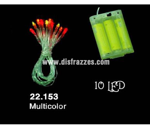 Guirnalda de 10 LED multicolor para interior. Funciona con pilas, marca CE. Ideal para decorar el árbol de Navidad o cualquier espacio. ¡¡Compra la decoración de Navidad en nuestra tienda de disfraces, será divertido!!