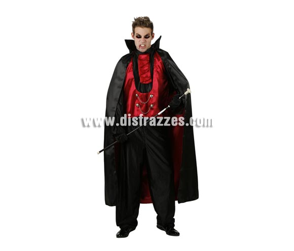 Disfraz de Vampiro Príncipe de las Tinieblas barato de adulto para Halloween. Talla estándar. Bastón NO incluido. Éste disfraz de Halloween es ideal para celebrar la Fiesta de la Noche de las Brujas en Pub's, Discotecas, Casas particulares,  Restaurantes o Colegios y ayudar a crear un ambiente terrorífico y tenebroso indispensable para la Noche de Halloween la cual se celebra la víspera de Todos los Santos.
¡¡Compra tu disfraz para Halloween en nuestra tienda de disfraces, será divertido!!
