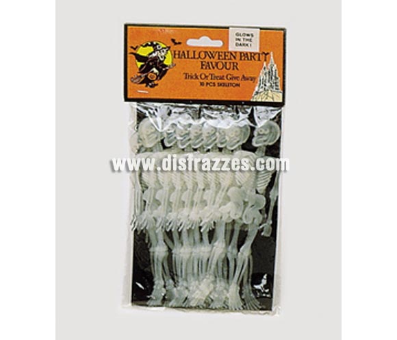 Bolsa de 10 Esqueletos fluorescentes de 15 cms. Vive la Fiesta de Halloween! Ideal para Decorar Pub's, Discotecas, Casas particulares, Colegios, etc. en Halloween.