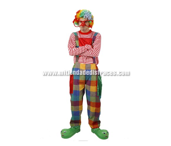 Disfraz de Payaso cuadros multicolor adulto. Incluye camiseta y mono. Talla única 52/54. Peluca, zapatones, nariz y gafotas NO incluidos, podrás verlos en la sección Complementos.