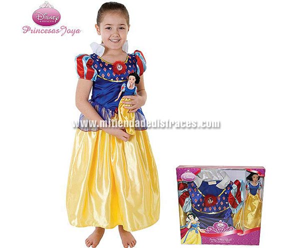 Caja Disfraz de Blancanieves Disney con muñeca. Talla de 5 a 7 años. Incluye disfraz y muñeca. Un disfraz con licencia Disney ideal para pedir a los Reyes Magos o Papa Noel, también para regalar en cualquier fecha del año.