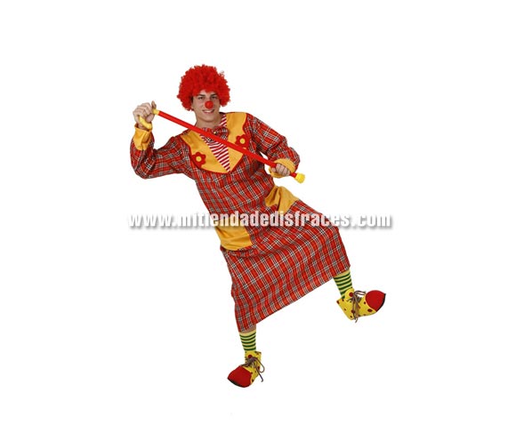 Disfraz de Payaso cuadros adulto. Talla única 52/54. Incluye túnica-abrigo con pajarita. Zapatones, medias, bastón, nariz y peluca NO incluidos, podrás ver complementos de payaso en la sección Complementos. Disfraz de Payaso cuadros para hombre.