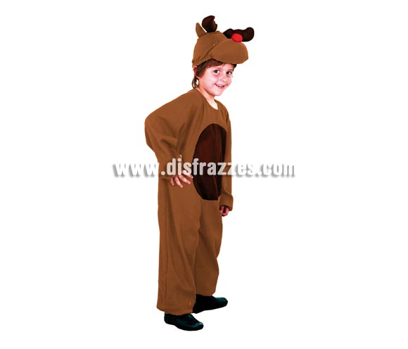 Disfraz de Reno infantil barato. Talla de 5 a 6 años. Incluye mono y capucha. Un disfraz muy apropiado para la Navidad y para teatros del cole.