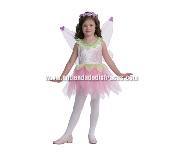 Disfraz de Hada de las Flores infantil. Talla de 3 a 4 años. Incluye diadema, alas ya vestido.