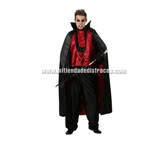 Disfraz de Vampiro Príncipe de las Tinieblas adulto económico. Talla única 52/54. Incluye pantalón, camisa, cuello y capa. Bastón NO incluido, podrás verlo en la sección Complementos de Halloween. Disfraz de Drácula adulto.
