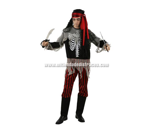 Disfraz de Pirata Cadáver adulto económico. Talla única 52/54. Incluye mono y accesorio del pelo. Espadas y Peluca NO incluidas, podrás verlas en la sección Complementos y Pelucas.