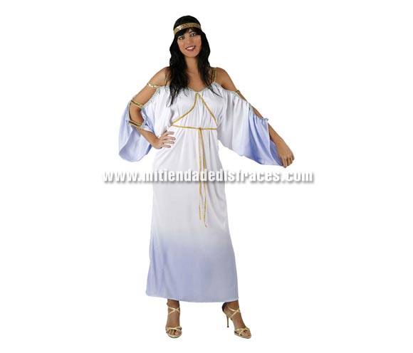 Disfraz de Romana azul y blanco adulta. Talla XL 44/48. Incluye vestido con mangas y cinturón y tocado. Disfraz de Diosa Griega azul y blanco.