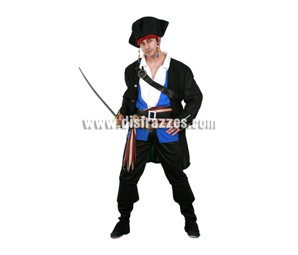 Disfraz de Pirata Chulo para hombre. Talla Standar M-L = 52/54. Incluye sombrero, camisa, chaqueta, pantalón-cubrebotas, 2 cinturones, fajín y bandolera. Espada NO incluida, podrás verlas en la sección Complementos. Éste traje de de Pirata del Caribe para hombre de gran diseño al que no le falta detalle, es muy bonito para lucirlo en cualquier tipo de Fiesta de disfraces y por supuesto en Carnaval.