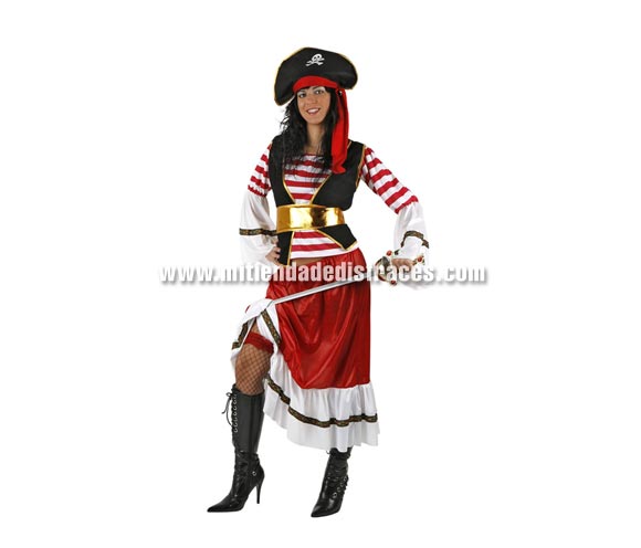 Disfraz de Pirata elegante adulta. Talla única 38/42. Incluye camisa con chaleco, cinturón falda y gorro. Disfraz de Pirata para mujer.
