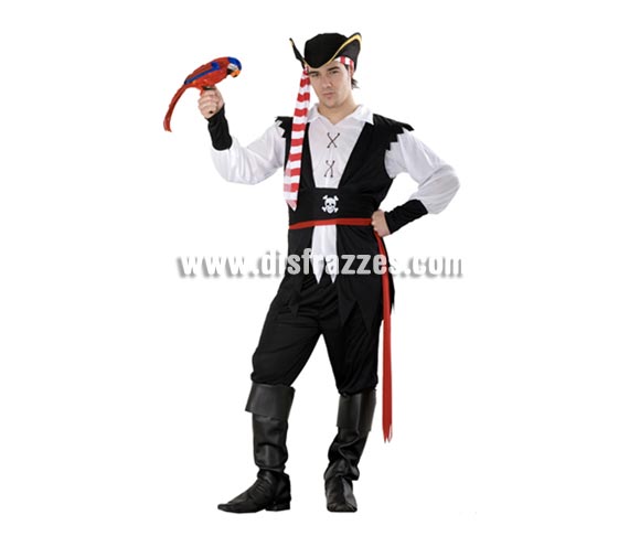 Disfraz de Pirata Antillano adulto. Talla standar M-L = 52/54. Incluye sombrero, camisa, chaleco, 2 cinturones, pantalón y cubrebotas. Loro NO incluido, lo verás en la sección de Complementos con la ref. 89333BT.