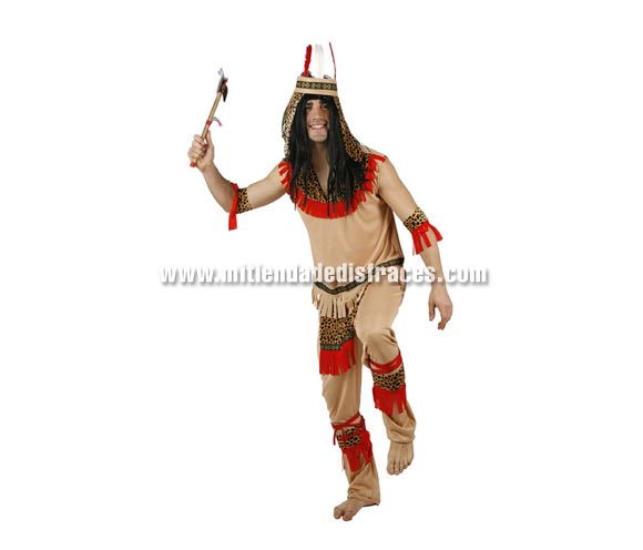 Disfraz de Indio adulto talla XL 54/58. Incluye camisa, pantalón, tocado, muñequeras y espinilleras. Peluca y Hacha No incluidos, podrás verlo en la sección de Pelucas y Complementos.