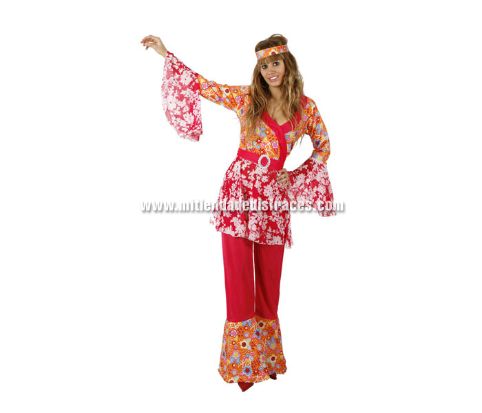 Disfraz de Hippie estampado Adulta económico. Talla única 40/44. Incluye cinta cabeza, camisa y pantalón.