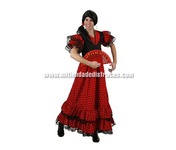 Disfraz de Flamenca lunares para hombre adulto. Talla única 50/54. Incluye vestido. Peluca y abanico NO incliudos, podrás verlos en la sección Complementos. Disfraz de Sevillana o Andaluza para hombre