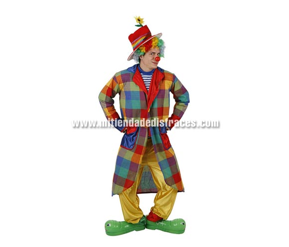 Disfraz de Payaso Divertido adulto. Talla S. Incluye gorro, camisa, chaqueta y pantalón. Peluca, nariz y zapatones NO incluidos, podrás verlos en la sección Complementos. Disfraz de Payaso Divertido para hombre y mujer.