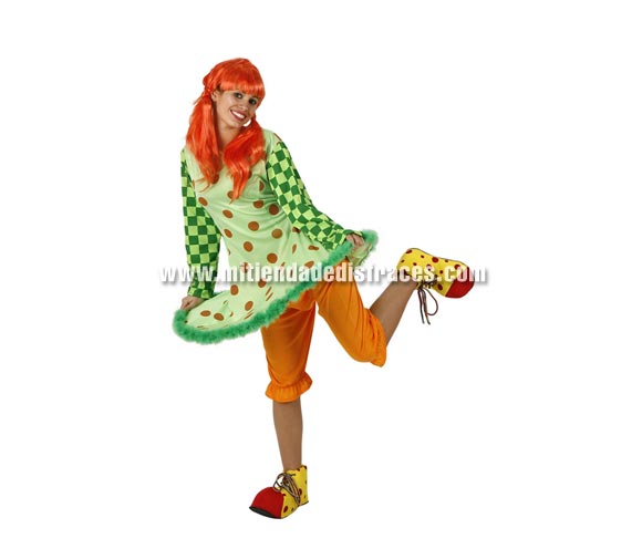 Disfraz de Payasa Verde adulta. Talla única 38/42. Incluye camisa y pantalón. Peluca y zapatones NO incluidos, podrás ver éstos artículos en la sección Complementos.