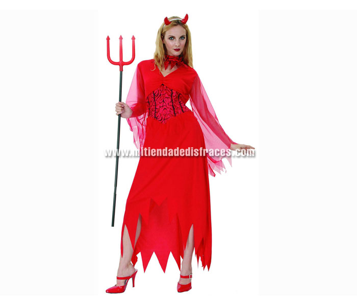 Disfraz de Diablesa adulta. Talla XL 44/48. Incluye vestido y cuernos. Tridente NO incluido, podrás verlos en la sección Complementos. Disfraz de Demonia para mujer.