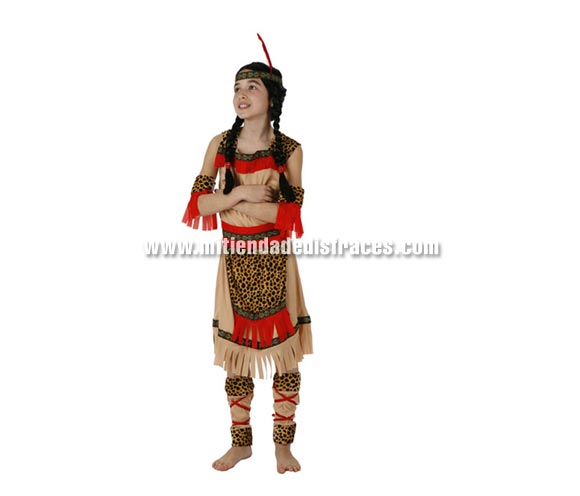Disfraz de India Piel Roja talla de 5 a 6 años para niña. Incluye tocado, vestido cubrepiernas y accesorio brazos.