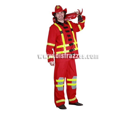 Disfraz de Bombero adulto. Talla única 52/54. Incluye sombrero, chaqueta y pantalones. Extintor NO incluido, podrás encontrarlo en cualquier escalera comunitaria, Hospitales, Juzgados, Ayuntamientos, Colegios, etc. etc., ¡¡¡Pero no lo vayas a coger de allí hombre, que te la juegas!!! Tenemos un extintor con ref. 05296BT que es hinchable y está muy bien.