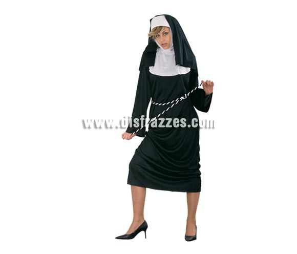 Disfraz de Monja para mujer. Talla standar M-L = 38/42. Incluye tocado o cofia, vestido y cinturón.