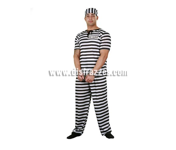 Disfraz muy barato de Preso o Prisionero adulto. Talla Standar M-L = 52/54. Incluye camisa, pantalón, gorro y número. Un disfraz ideal para Despedidas de Soltero, ¿te vas a casar? -Bienvenido al Club, jejeje.