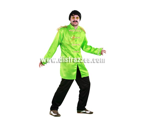 Disfraz de Estrella del Pop verde adulto. Talla única 52/54. Incluye casaca y pantalón. Peluca, bigote y gafas NO incluidos, podrás ver éstos artículos en la sección Complementos. Con éste disfraz irás vestido igual que Los Beatles y serás el centro de la Fiesta.
