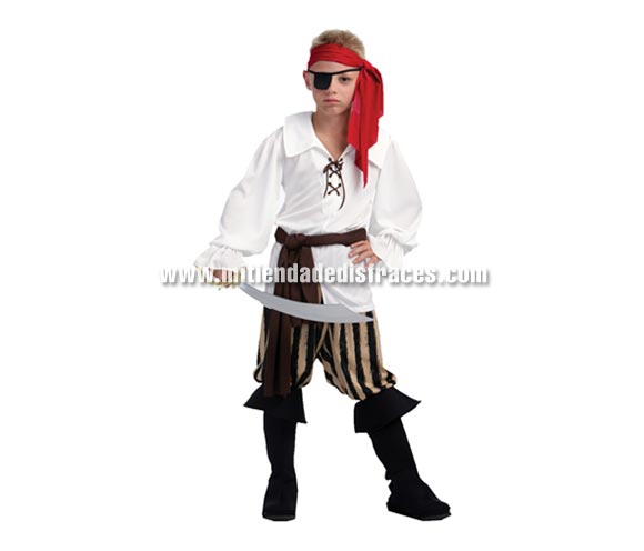 Disfraz de Capitán Pirata infantil. Talla de 4 a 6 años. Incluye camisa, pantalón, cubrebotas, pañuelo y fajin. Espada NO incluida, podrás verla en la sección de Complementos.