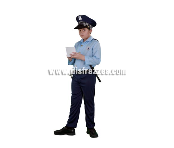 Disfraz de Policía infantil. Talla de 7 a 9 años. Incluye gorra, camisa y pantalón con cinturón. Esposas y porra NO incluidas, podrás verlas en la sección Complementos.